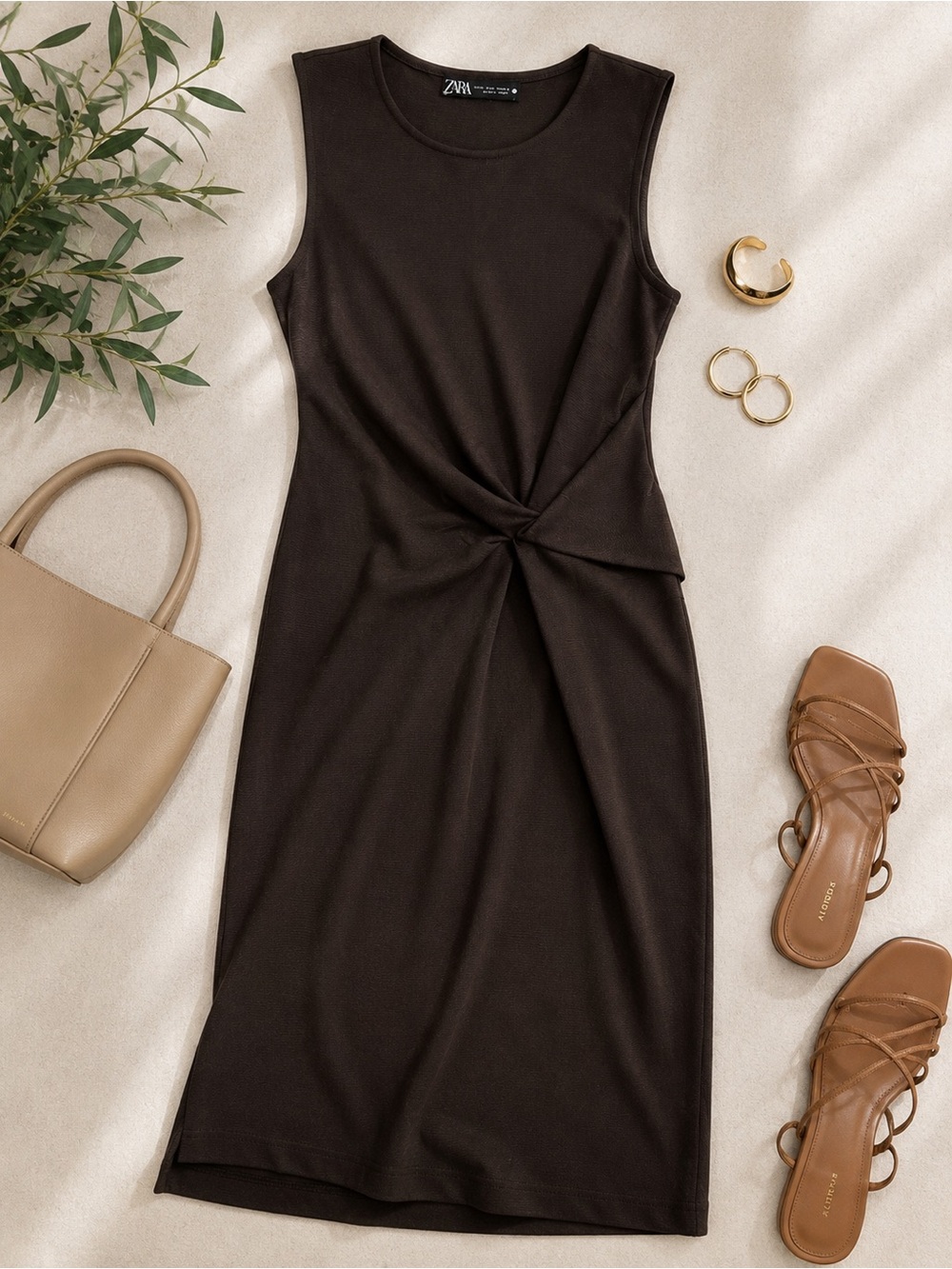 Zara Chocolate Brown Twist Front Draped Midi Dress Sleeveless Size Small